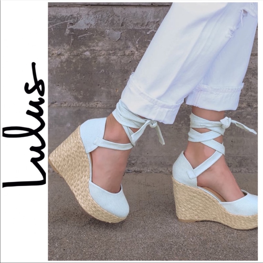 Lulu’s Chambray Espadrille Lace Up Platform Wedge Heels Size 6.5 New in Box